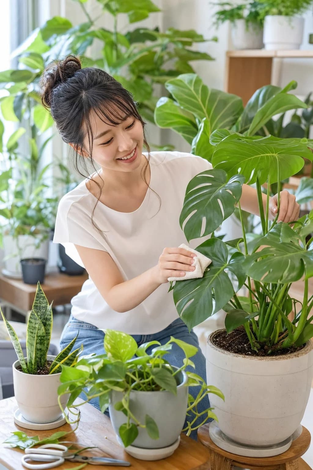 女性が観葉植物の手入れをする様子