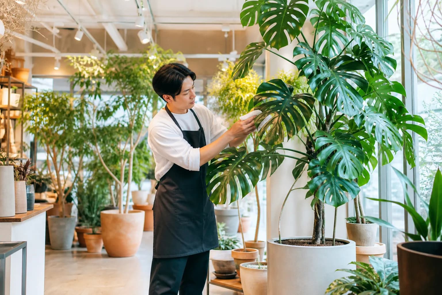店舗で大型観葉植物のメンテナンスを行う様子